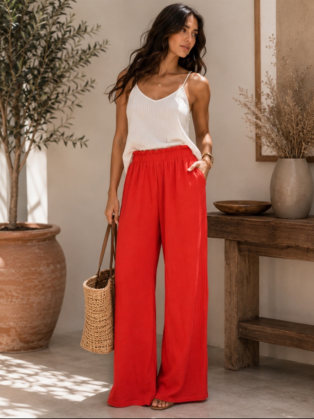FROM PARIS Women's Red Wide-Leg Pants
